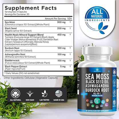 Silicon Sea Moss Black Seed Oil Ashwagandha Bladderwrack Burdock - 60 Count