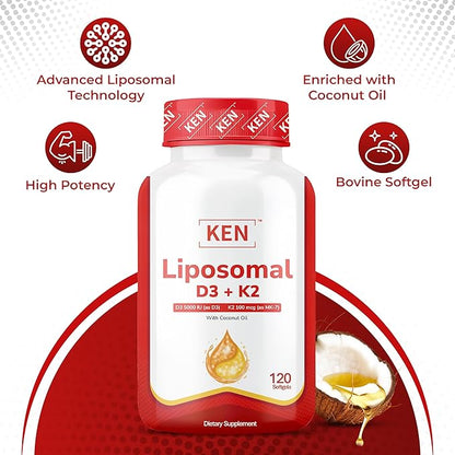 KEN Liposomal Vitamin D3 5000 IU + K2 (MK7) 100mcg, Bone Support Supplement, Enhanced Calcium Absorption, Supports Immune Function, Coconut Oil, No Seed Oil, Non-GMO 120 Halal Bovine Softgels