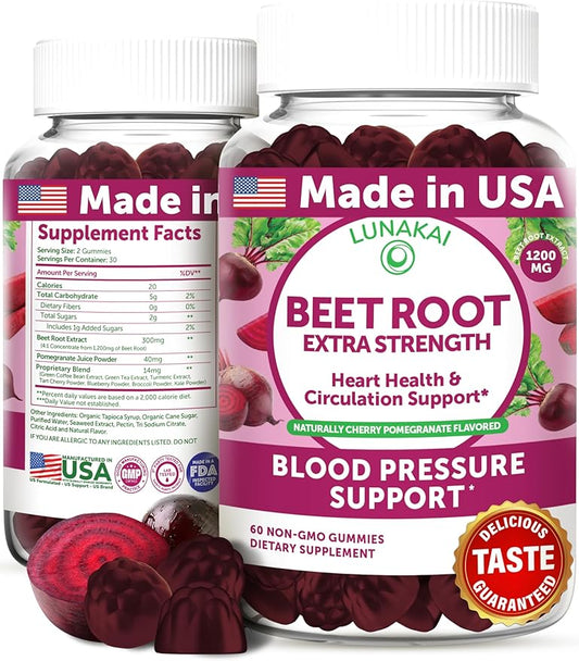 Lunakai USA Made Beet Root Gummies with Antioxidant Blend - Delicious Non-GMO Beet Chews, 60ct