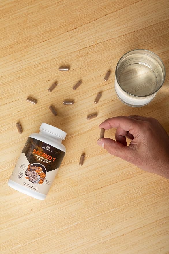 Naturealm Sacred 7 Organic Mushroom Extract Capsules - Premium 7 Mushroom Complex with Lions Mane, Reishi, Chaga - USDA Organic Immune Support & Focus - 180 Vegetarian Capsules