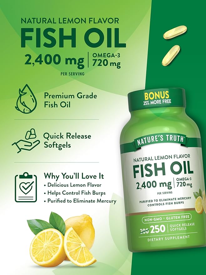 Nature's Truth Burpless Fish Oil 2400mg | 250 Softgels | 720 mg Omega 3 | Natural Lemon Flavor Pills | Non-GMO & Gluten Free Supplement