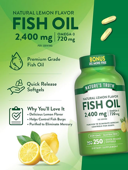 Nature's Truth Burpless Fish Oil 2400mg | 250 Softgels | 720 mg Omega 3 | Natural Lemon Flavor Pills | Non-GMO & Gluten Free Supplement