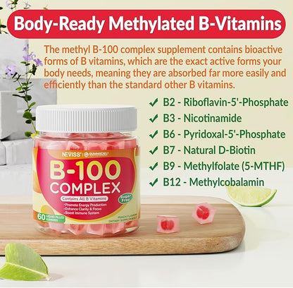 Super Vitamin B Complex Gummies - All B Vitamins Including Methyl B12, B1, B2, B3, B5, B6, Biotin, Methylfolate with Vitamin C, Choline, Inositol, PABA for Energy, Brain & Immune Support, Sugar Free