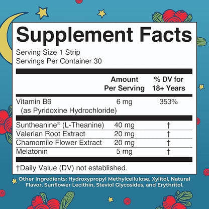 Sleep Dissolving Strips by MaryRuth's | L Theanine | Chamomile Flower | Melatonin 5mg | Valerian Root | Vitamin B6 | Sugar Free | Cranberry Flavor | Vegan | Gluten Free | Dairy Free | 30 Count