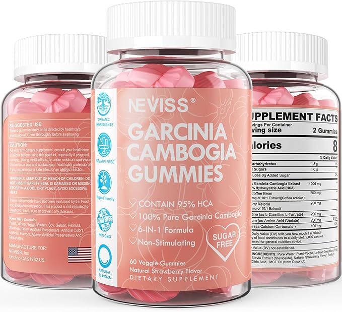 Sugar Free Garcinia Cambogia Gummies 1000mg 95% HCA Pure Extract with L-Carnitine, Raspberry Ketone, Chromium, Green Coffee Bean for Metabolism, 100% Organic Extract, Vegan, Strawberry Flavor 60 Cts