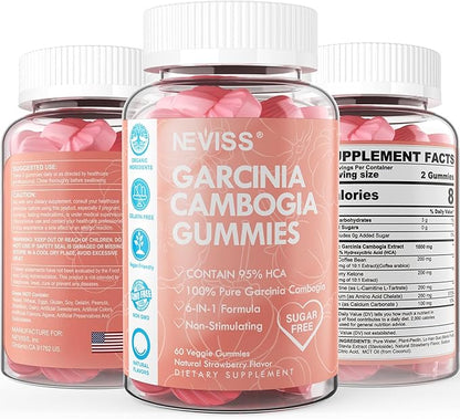 Sugar Free Garcinia Cambogia Gummies 1000mg 95% HCA Pure Extract with L-Carnitine, Raspberry Ketone, Chromium, Green Coffee Bean for Metabolism, 100% Organic Extract, Vegan, Strawberry Flavor 60 Cts