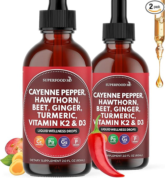Cayenne Pepper Supplement Liquid Drops + Hawthorn Berry, Vitamin D3 K2 Beet Root Powder, Ceylon Cinnamon, Turmeric Curcumin, Organic Panax Ginseng - 4 OZ