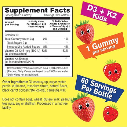 Calcium + Vitamin D3 Kids + Vitamin D3+K2 Kids, Gummies Bundle - Great Tasting, Vitamin Supplement, Gluten Free, GMO Free, Chewable Gummy