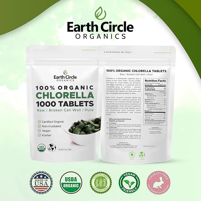 Organic Chlorella Tablets 1,000 Count | High Potency Superfood | Chlorophyll Pills from 100% Pure Green Algae | Broken Cell Wall for Max Absorption | Vegan, Kosher, Non-GMO | 4 Tabs per Day (1-Pack)