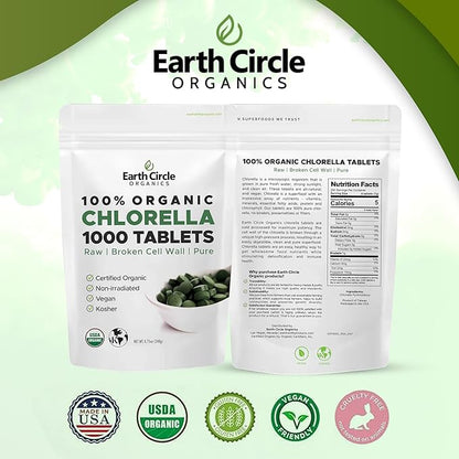 Organic Chlorella Tablets 1,000 Count | High Potency Superfood | Chlorophyll Pills from 100% Pure Green Algae | Broken Cell Wall for Max Absorption | Vegan, Kosher, Non-GMO | 4 Tabs per Day (3-Pack)