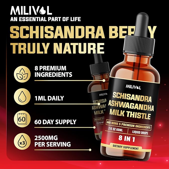 8in1 Liquid Schisandra Supplement - Schisandra Extract Drops with Milk Thistle, Ashwagandha and 6 More - Mood Support, Organ Health - 2 Fl Oz for 60 Days
