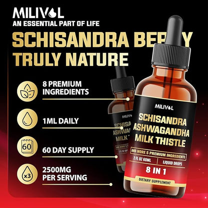 8in1 Liquid Schisandra Supplement - Schisandra Extract Drops with Milk Thistle, Ashwagandha and 6 More - Mood Support, Organ Health - 2 Fl Oz for 60 Days
