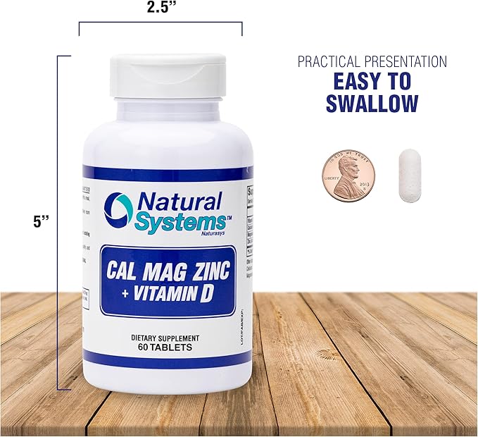 Calcium Magnesium Zinc Vitamin D Supplement 60 Tablets by Natural Systems - Calcium Magnesium Zinc and VIT D Supplements for Strong Immune System - Magnesium Supplement for The Immune System