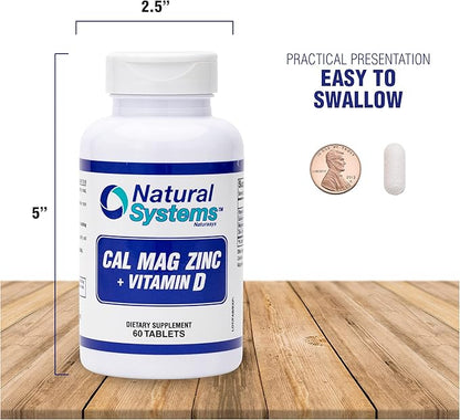 Calcium Magnesium Zinc Vitamin D Supplement 60 Tablets by Natural Systems - Calcium Magnesium Zinc and VIT D Supplements for Strong Immune System - Magnesium Supplement for The Immune System