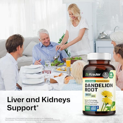 BIO KRAUTER Dandelion Root Capsules - 1800 mg Strength - 100 Count - Dandelion Root Supplement - Vegan Capsules for Liver Support