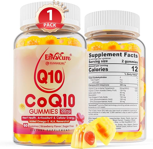 Sugar Free CoQ10 200mg Filled Gummies, 5X Better Absorption CoQ10 w/Resveratrol, Alpha Lipoic Acid, Omega-3, Vitamin E, C, Coenzyme Q10 for Cellular Energy, Heart, Brain, and Antioxidant (1Pack)