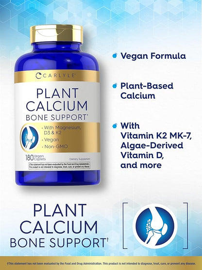 Carlyle Plant Based Calcium with Vitamin K2, D3, Magnesium | 180 Vegan Caplets | Bone Strength Supplement | Non-GMO, & Gluten Free