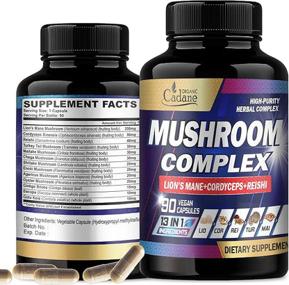 Organic Cadane Mushroom Complex Supplements - Brain Health, Immune System, Memory & Energy Production - 13in1 with Lions Mane Mushroom, Bacopa, Reishi & More - 90 Vegan Capsules