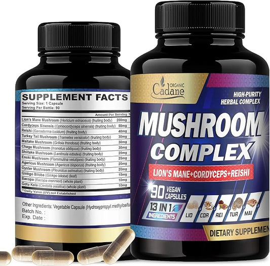 Organic Cadane Mushroom Complex Supplements - Brain Health, Immune System, Memory & Energy Production - 13in1 with Lions Mane Mushroom, Bacopa, Reishi & More - 90 Vegan Capsules
