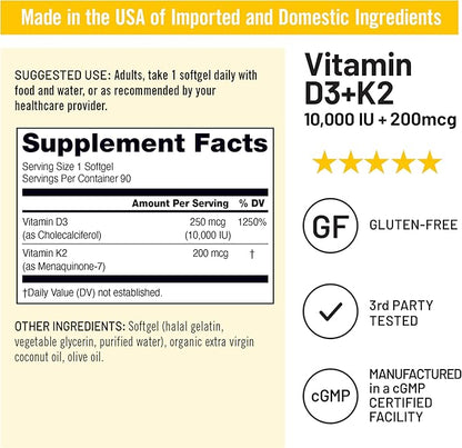 NatureWise Vitamin D3 10,000 IU Plus K2 (MK-7) 200 mcg with Organic Extra Virgin Coconut Oil - Supports Calcium Absorption, Bone, Heart & Immune Health - Non-GMO, Soy & Gluten-Free - 90 Softgels
