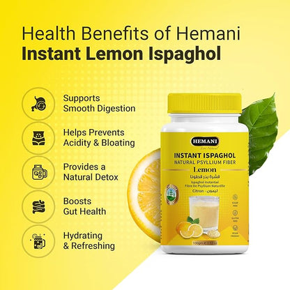 Hemani Instant Psyllium Husk Ispaghol 100g | Lemon Flavored On-The-Go Fiber Supplement | Supports Digestive Health | Add to Water for a Refreshing Drink