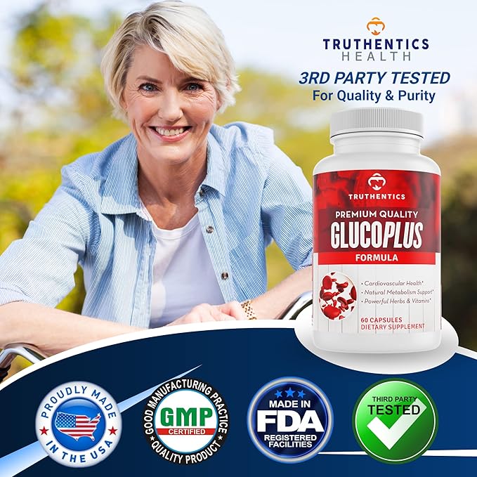 TRUTHENTICS GlucoPlus - 20 Herbs, Vitamins & Minerals with Cinnamon, Chromium, Vanadium, Bitter Melon, Alpha Lipoic Acid, Magnesium - Gluten Free, Non-GMO - 60 Capsules