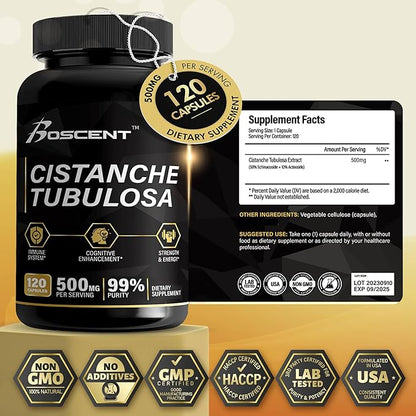 Premium Cistanche Tubulosa Extract 500mg (120 Capsules) - 50% Echinacosides,10% Acteosides - Natural Nootropic for Stamina, Immunity and Memory - No Fillers, Hormone Balance - Strength Booster for Men