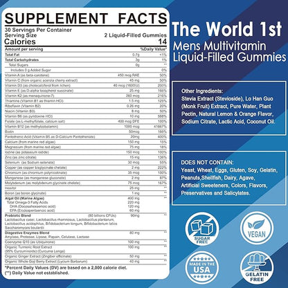 (2 Pack) Multivitamin for Men, Daily Mens Multivitamins & Multiminerals Gummies, Mens Vitamins A C D E B6 B12, Methylfolate, Omega 3, Probiotics, Enzymes for Energy, Immunity, Sugar Free, (No Iron)