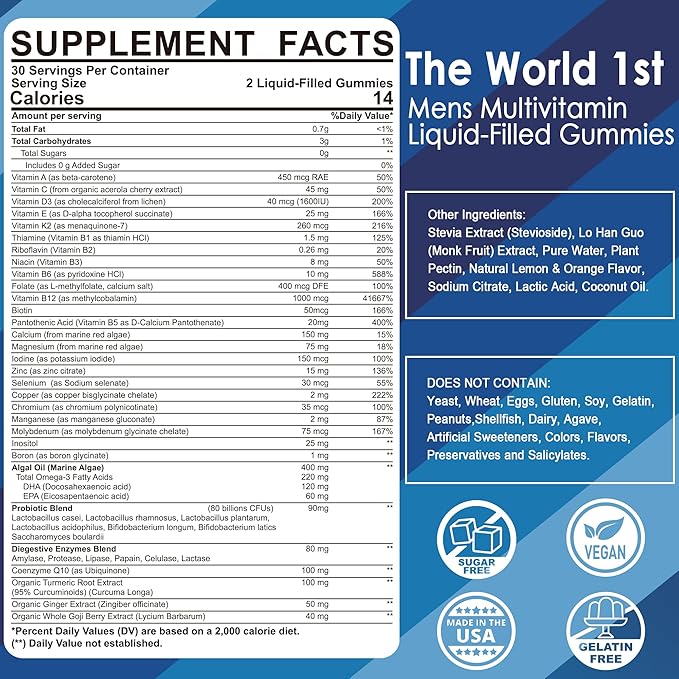 Mens Multivitamins Gummies, Multiminerals, Vegan Omega 3, CoQ10, Probiotics, Daily Mens Vitamins A C D3 E B6 B12, Methylated Multivitamin for Men - Energy, Immunity, Sugar Free, Vegan (No Iron) 60 Cts