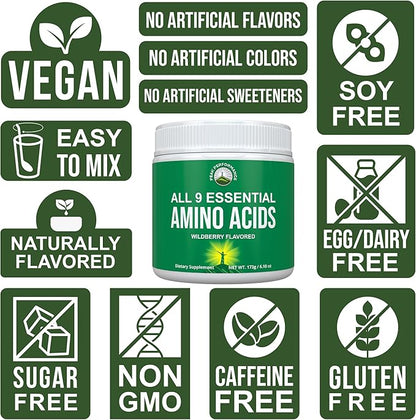 All 9 Essential Amino Acids Powder with 26 Clinical Studies. EAAs 32X Effective vs BCAA/BCAAS Branched Chain Aminos. Pre or Post Workout EAA Supplement. Perfect for Energy, Muscle Growth. Wildberry