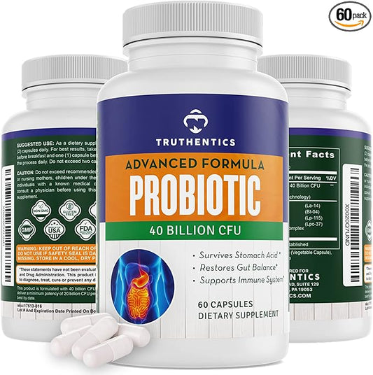 TRUTHENTICS Probiotic 40 Billion CFU with Prebiotics - Bifidobacterium Lactobacillus Acidophilus & Paracasei Probiotics for Men & Women - Gluten Free, Non-GMO, Shelf Stable - Made in USA - 60 Capsules