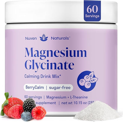 Magnesium Glycinate Powder + L-Theanine | 60 Servings | 300 mg per Scoop High Absorption Chelated Magnesium Powder for Sleep - Natural Mixed Berry Flavor, No Sugar, Support Restful Sleep & Relaxation