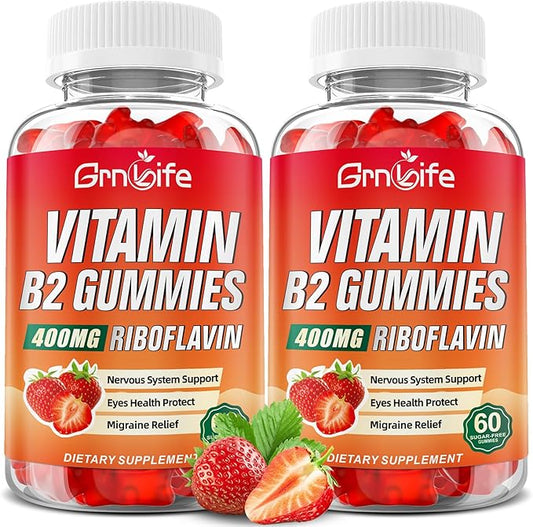 2 Pack Vitamin B2 Gummies, Riboflavin 400mg with Magnesium for Kids & Adults, Migraine Relief & Energy Support, Strawberry Flavor, 120 Count