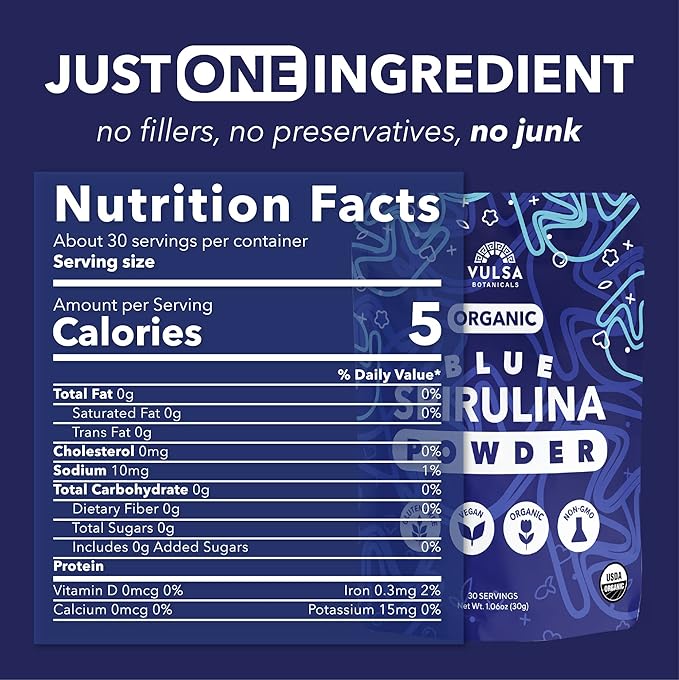 Organic Blue Spirulina Powder - 100% Natural Powdered Blue-Green Algae, No Fishy Smell, Nutrient-Dense Superfood, High Protein, USDA Organic, Non-GMO, Vegan, Make Colorful Food Creations - 30g