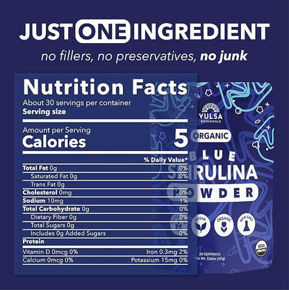 Organic Blue Spirulina Powder - 100% Natural Powdered Blue-Green Algae, No Fishy Smell, Nutrient-Dense Superfood, High Protein, USDA Organic, Non-GMO, Vegan, Make Colorful Food Creations - 30g