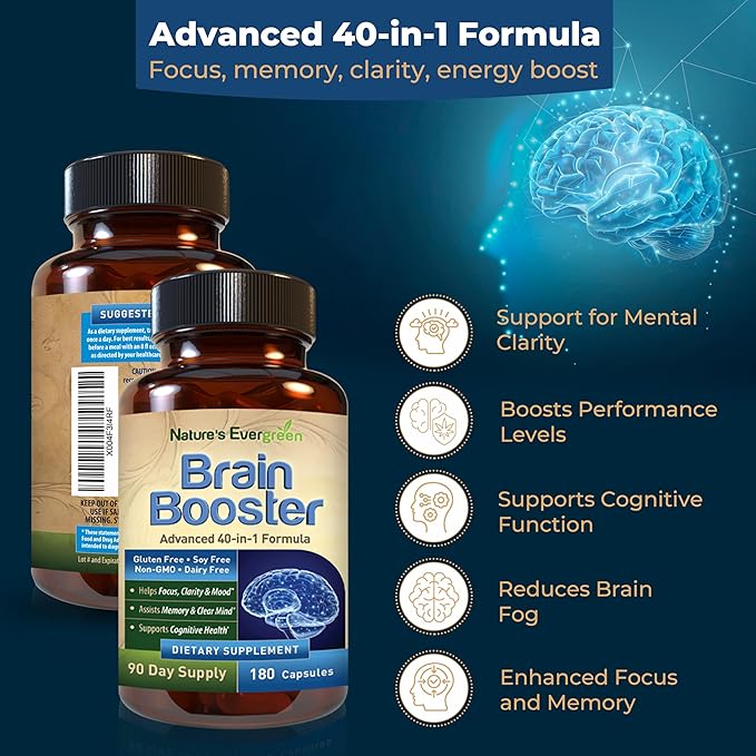Brain Booster 40-in-1 Formula Supplement for Focus, Memory, Clarity, Energy | for Men & Women, Cognitive Function Nootropic Support with DMAE, Brain Health Formula | (180 Capsules - 90 Day Supply)