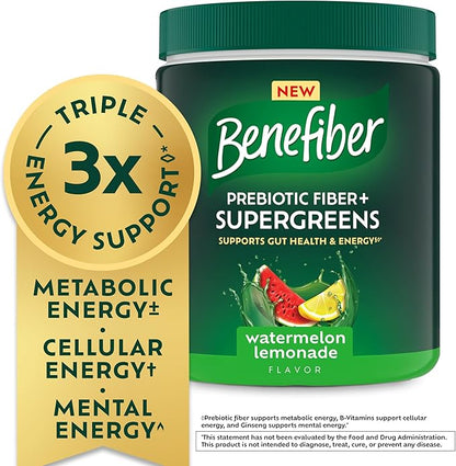 Benefiber Prebiotic Fiber + Supergreens Dietary Supplement Powder, Watermelon Lemonade Flavor, 8.8 oz (250g), 25 Day Supply