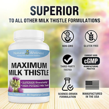 Natural Wellness Maximum Milk Thistle - 720mg Daily Dose (3x 240mg Capsules) - Potent Liver Detox & Repair Supplement, Non-GMO, Gluten-Free, Vegan, USA-Made - Advanced Fatty Liver & Enzyme Health