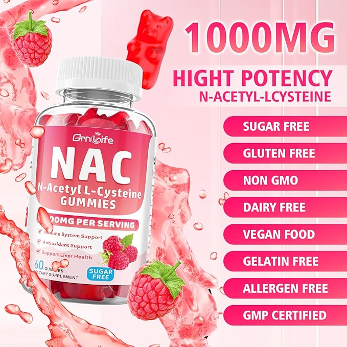 2 Pack NAC Gummies for Kids & Adults, 1000mg N Acetyl Cysteine Supplement NAC Chewable for Antioxidants & Immune Support, Liver Health, Raspberry Flavor, 120 Count