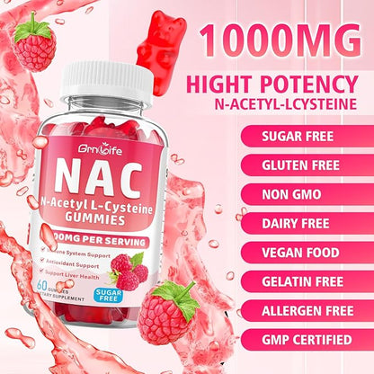 2 Pack NAC Gummies for Kids & Adults, 1000mg N Acetyl Cysteine Supplement NAC Chewable for Antioxidants & Immune Support, Liver Health, Raspberry Flavor, 120 Count
