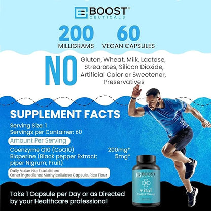 CoQ10 200mg | High Absorption Coq10 with Bioperine | Pure CoQ10 Vegan Non GMO | No Stearates No Gluten | 60 200 mg Capsules