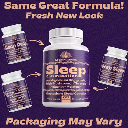 Natural Sleep Aid with Magnesium Glycinate 500mg Reishi Mushroom 350mg L-Theanine 300mg Apigenin 50mg Melatonin 3mg - Magnesium Sleep Supplement for Deep Sleep, Sleep Support - 60 Capsules Made in USA
