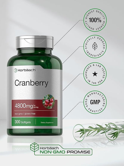 Horbäach Cranberry Pills for Women and Men 4800mg | 300 Softgels | Non-GMO, Gluten Free Supplement | from Concentrate Extract