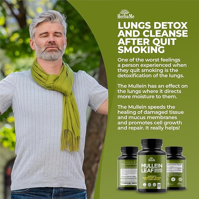 Mullein Leaf 1000mg, 120 Capsules, Lung Detox for Smokers, Lung Cleanse Supplement, Supports Respiratory Function Health, Promotes Mucous Membranes | Ear Health, Mucus Relief Herbal Pills