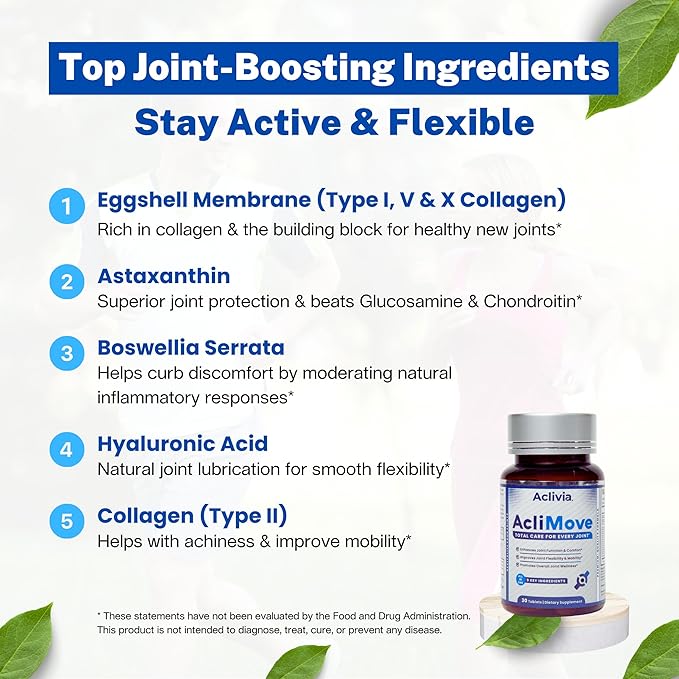 Joint Support Supplement - Mobility & Flexibility Formula with Hyaluronic Acid, Collagen, Egg Shell Membrane, Calcium & Astaxanthin - Non-GMO, Gluten-Free (30 Tablets)