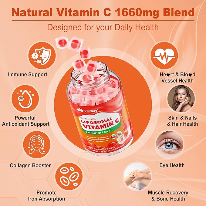 Liposomal Vitamin C 1000mg Filled Gummies for Adults & Kids 9+, 1660mg Blend w/Echinacea, Elderberry, D3, Zinc, Iron, Bioflavonoid, Astaxanthin, Natural Organic Chewable Vitamin C, Sugar Free, 2Pack