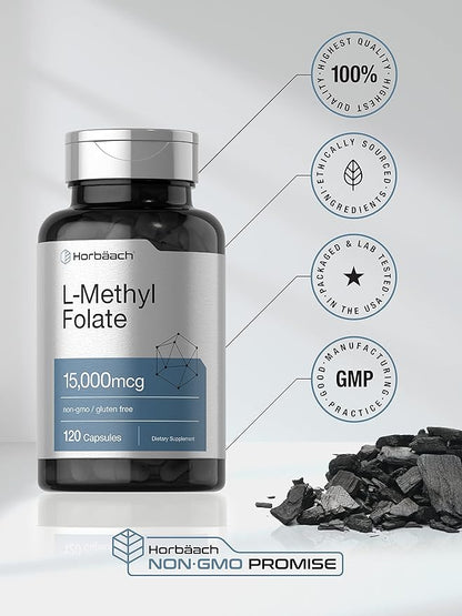 Horbäach L Methylfolate 15000 mcg | 120 Capsules | 15mg Methyl Folate | 5-MTHF | Non-GMO, Gluten Free Supplement