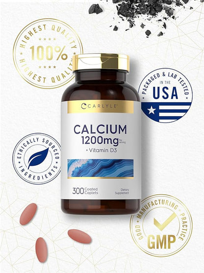 Carlyle Calcium 1200mg with Vitamin D3 | 300 Caplets | Non-GMO, Gluten Free, and Vegetarian