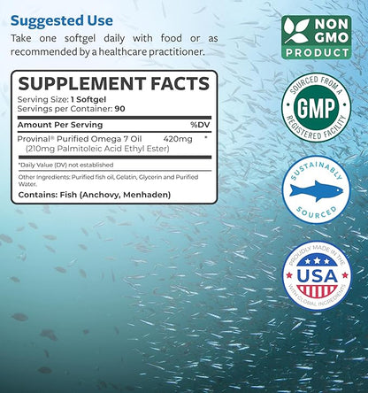 Purified Omega 7 Softgels (3 Month Supply) More Omega 7 & Less Palmitic Acid Than Sea Buckthorn Oil - Provinal Sustainable Peruvian Anchovy Fish Oil Supplement - Non-GMO & Gluten Free - 90 Capsules