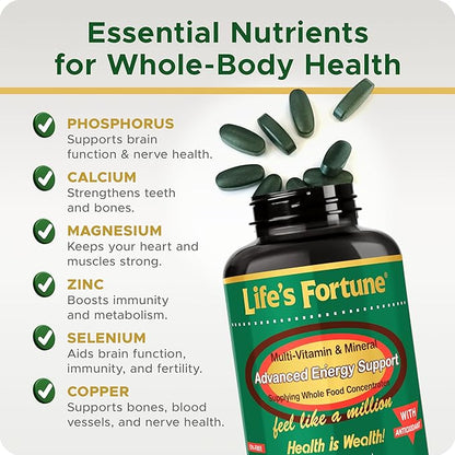 Life's Fortune Multivitamin & Mineral, All Natural Energy Source for Men & Women Supplying Whole Food Concentrates, Antioxidants, Amino Acids, Enzymes, Trace Minerals & More, 180 Count (Pack of 1)